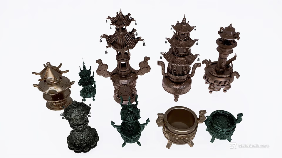 Traditional Metal Ornamental Decor Set Featuring Intricate Layered Carved Structures 3d model 
