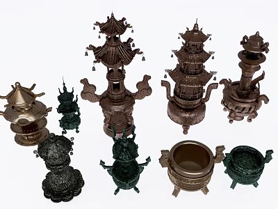 Traditional Metal Ornamental Decor Set Featuring Intricate Layered Carved Structures 3d model