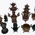 Traditional Metal Ornamental Decor Set Featuring Intricate Layered Carved Structures