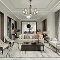 Elegant Dining and Living Room Interior With Chandelier Dining Table and Upholstered Chairs