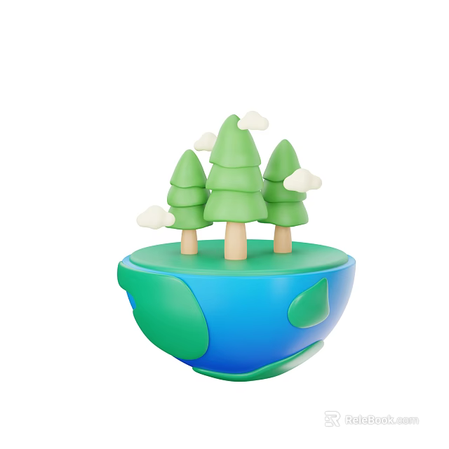 Small Decorative Sphere Base With Three Green Cone Trees And White Clouds 3d model