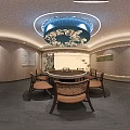 Private Dining Room Interior with Round Chandelier Wooden Table Chairs Light Walls Decorative Painting