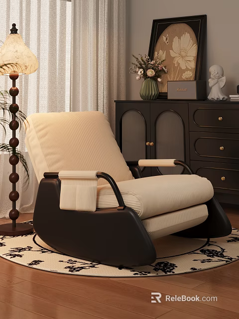 Cozy Beige Single Seater Sofa With Black Armrest Floor Lamp And Dark Cabinet Decor 3d model 