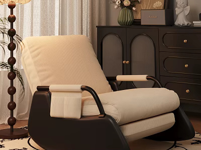 Cozy Beige Single Seater Sofa With Black Armrest Floor Lamp And Dark Cabinet Decor 3d model