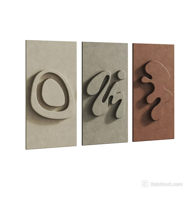 Three Abstract Paintings With Different Colored Backgrounds And Textured Curved Designs 3d model 