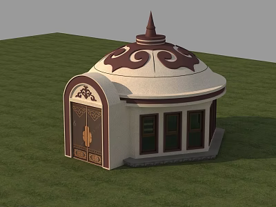 Traditional Yurt Building With White Exterior Brown Ornamental Roof And Ornate Door On Green Grass Field 3d model