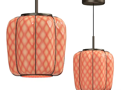Two Coral Diamond Pattern Glass Pendant Lights with Black Metal Frame 3d model