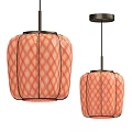 Two Coral Diamond Pattern Glass Pendant Lights with Black Metal Frame