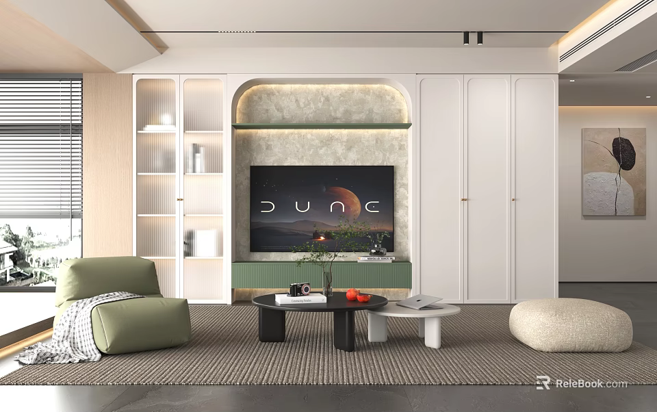 Modern Living Room Interior With Green Sofa TV Wall Coffee Table And Storage Cabinets 3d model 