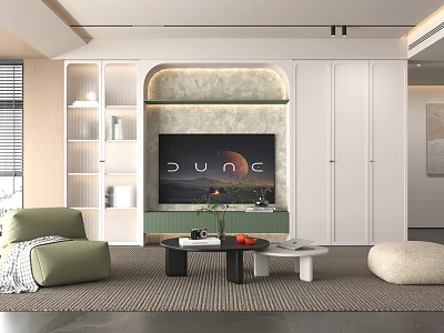 Modern Living Room Interior With Green Sofa TV Wall Coffee Table And Storage Cabinets 3d model