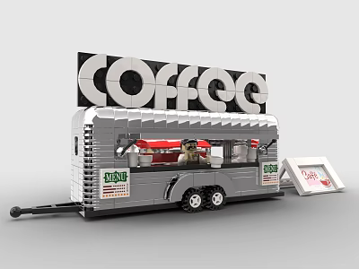 Building Blocks Coffee Cart With Large Coffee Sign Gray Body Wheels And Old Fashioned Signs 3d model