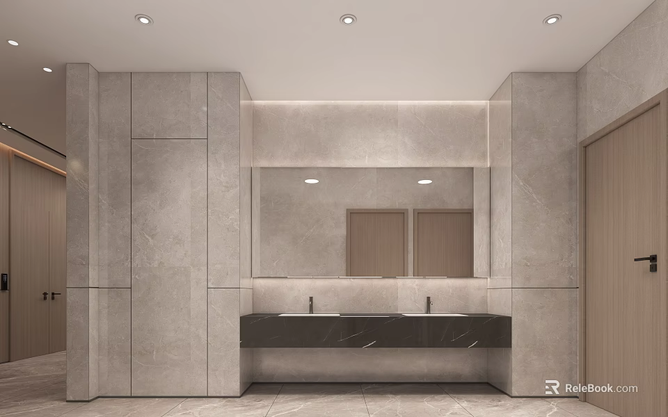 Modern Public Restroom Interior With Marble Countertops Double Sinks And Mirrors 3d model 
