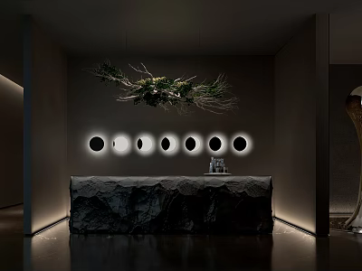 Front Desk Reception With Modern Stone Countertop Circular Lights On Background Wall And Hanging Plant 3d model