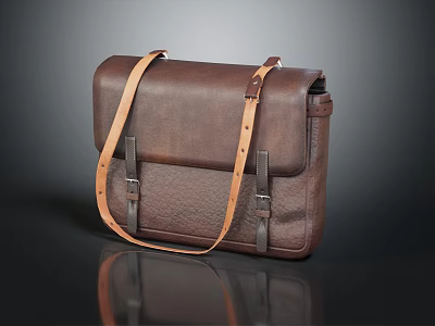Brown Leather Messenger Bag with Classic Design Adjustable Shoulder Strap and Metal Buckles 3d model