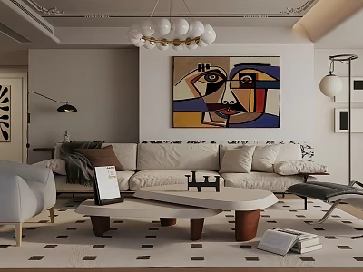 Modern Living Room Interior Design With Light Sofa Abstract Painting Spherical Chandelier And Geometric Rug 3d model