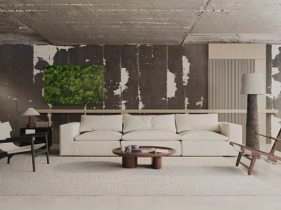 Modern Living Room With Moss Wall Decor Beige Sofa And Wooden Coffee Table 3d model