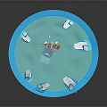 3D Rendered Cartoon Scene With Yellow Brown Sailboat Blue Icebergs And Blue Dock