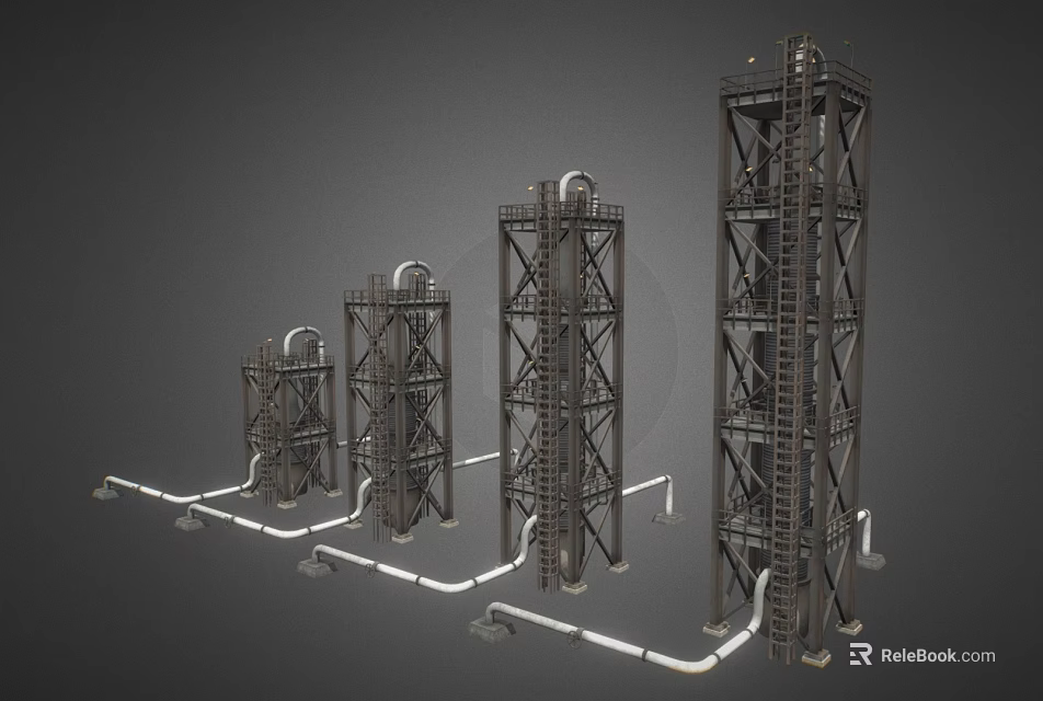 Industrial Equipment Featuring Multiple Tall Metal Frame Towers With Interconnected Piping And Ladders 3d model 