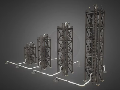 Industrial Equipment Featuring Multiple Tall Metal Frame Towers With Interconnected Piping And Ladders 3d model