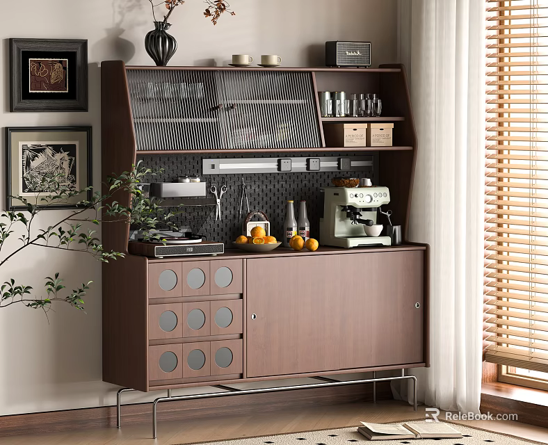 Elegant Walnut Sideboard with Glass Doors Coffee Machine Oranges Jars and Plant in Cozy Home 3d model 