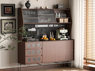 Elegant Walnut Sideboard with Glass Doors Coffee Machine Oranges Jars and Plant in Cozy Home 3d model