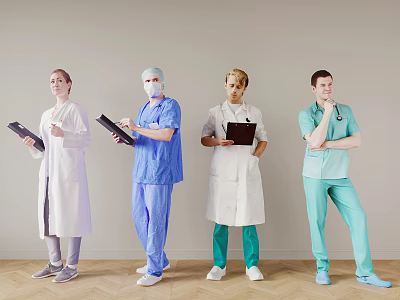 Group of Medical Staff in Different Medical Uniforms Standing with Clipboards Some with Arms Crossed 3d model