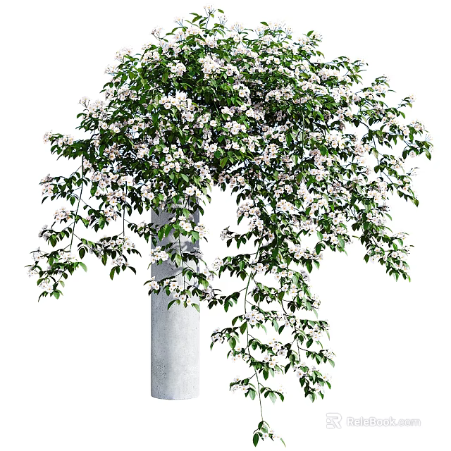 Tranquil Shower Sauna Interior With Green Vine White Flowers And Gray Pillar 3d model 
