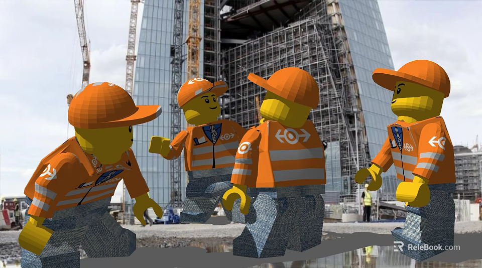 LEGO Construction Workers In Orange Hard Hats And Reflective Vests At Construction Site 3d model 
