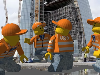 LEGO Construction Workers In Orange Hard Hats And Reflective Vests At Construction Site 3d model