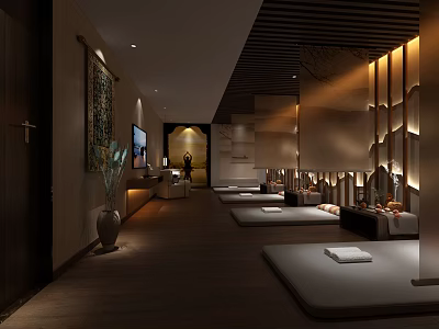 Luxurious SPA Sauna Interior Design With Relaxing Massage Beds Warm Lighting And Wooden Decor 3d model