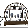 Traditional Chinese Round Wooden Antique Shelf With Blue And White Porcelain Vases And Books