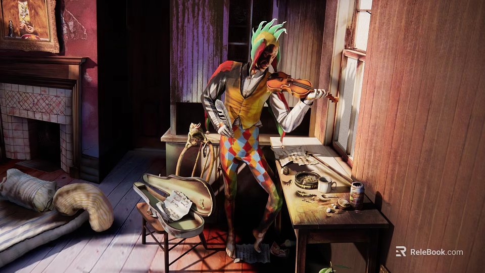 Colorful Clown Game Movie Character With Green Hair Playing Violin In Old Room 3d model 