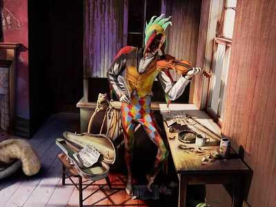 Colorful Clown Game Movie Character With Green Hair Playing Violin In Old Room 3d model