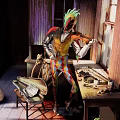 Colorful Clown Game Movie Character With Green Hair Playing Violin In Old Room