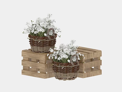 Decorative Woven Baskets With White Flowers Placed On Wooden Pallets 3d model