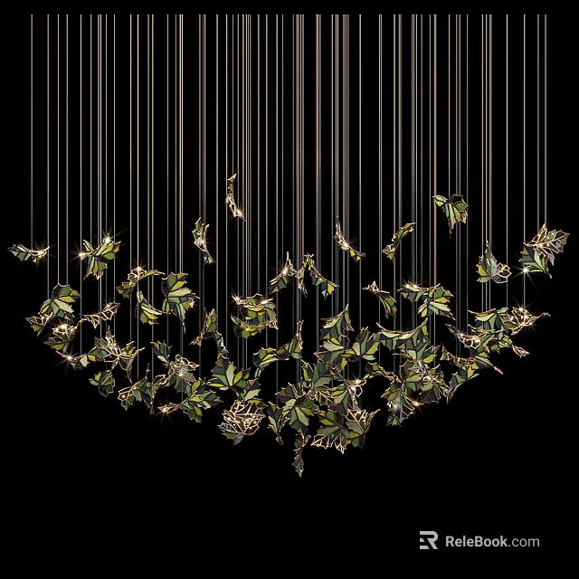 Artistic Chandelier With Hanging Golden Strings And Green Leaf Decorative Elements 3d model