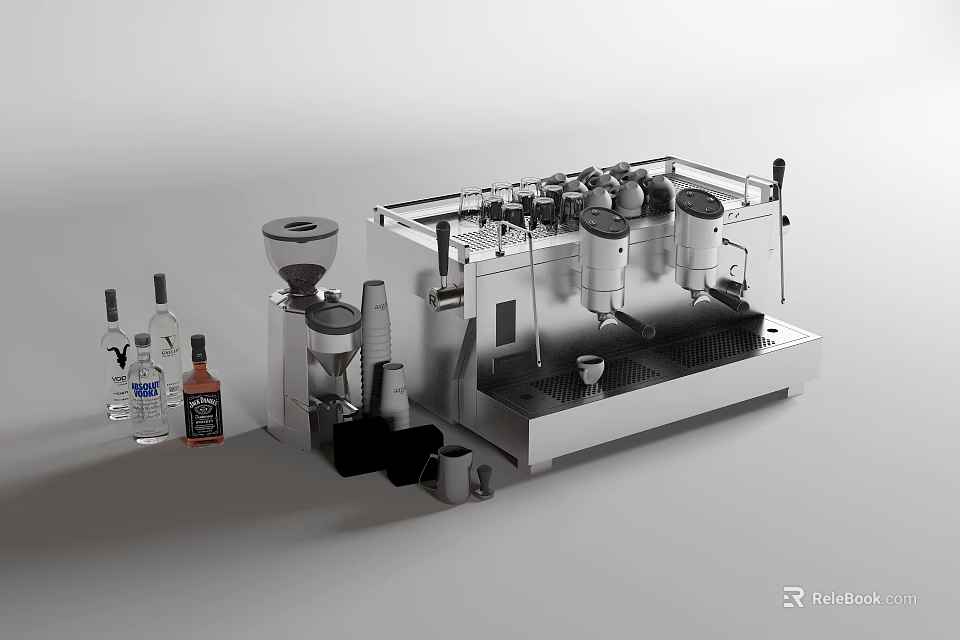 Stainless Steel Kitchen Appliances Featuring Espresso Machine Coffee Grinder And Glass Bottles 3d model 