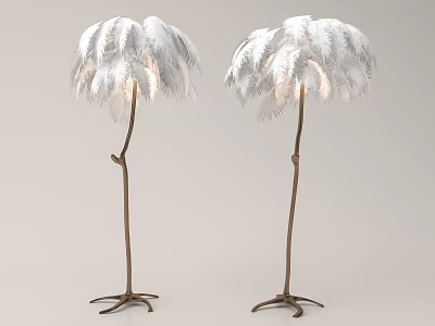 Elegant Floor Lamps With White Feather Shades And Brown Branch Like Bases 3d model