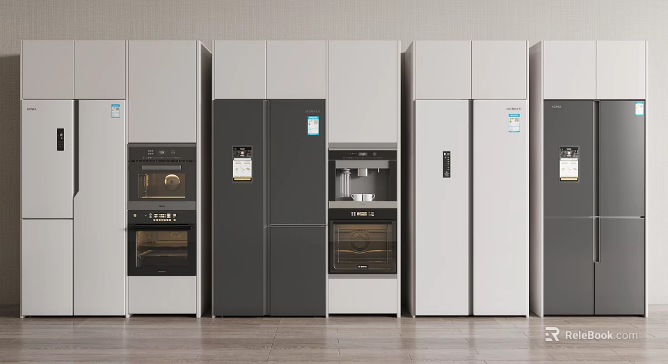 Various Styles of Modern Gray and White Refrigerators and Freezers on 3d model 