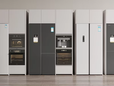Various Styles of Modern Gray and White Refrigerators and Freezers on 3d model