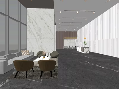 Modern Front Desk Reception Area With Marble Wall Sofa Seating Contemporary Lighting And Gray Flooring 3d model