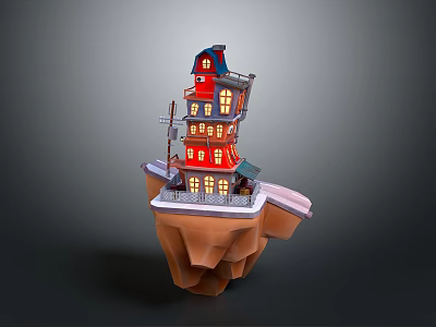Red Multi Story Building Floating On Small Island With Windows And Decorative Details 3d model