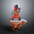 Red Multi Story Building Floating On Small Island With Windows And Decorative Details