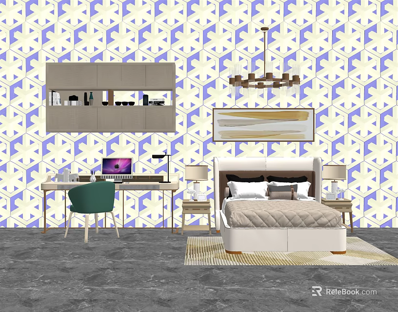 Background Double Bed Interior With Blue White Geometric Pattern Wallpaper Gray Cabinet And Desk 3d model 