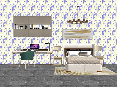 Background Double Bed Interior With Blue White Geometric Pattern Wallpaper Gray Cabinet And Desk 3d model