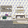 Background Double Bed Interior With Blue White Geometric Pattern Wallpaper Gray Cabinet And Desk