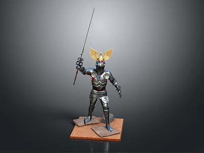 Man in Detailed Armor with Winged Helmet Holding Long Sword on Base Figurine 3d model