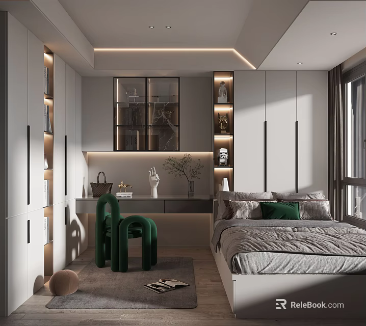 Modern Tatami Bedroom Interior With Storage Cabinets Green Plants And Bright Lighting 3d model 
