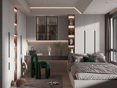 Modern Tatami Bedroom Interior With Storage Cabinets Green Plants And Bright Lighting 3d model