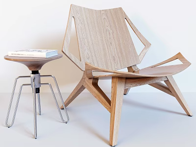 Modern Wooden Accent Chair With Geometric Design And Side Table Holding Book 3d model